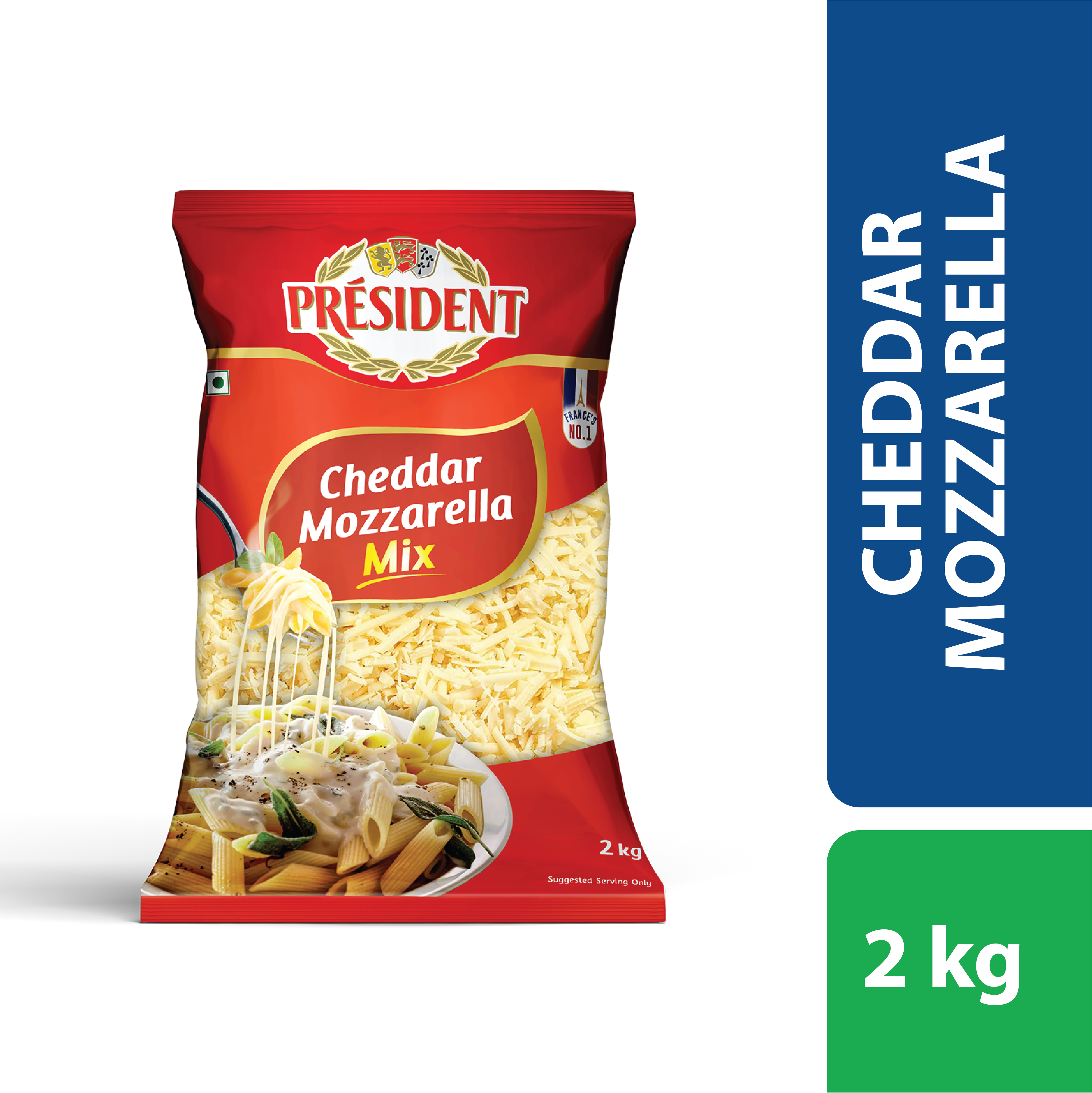 2 Kg Pack of President Cheddar Mozzarella Cheese President Cheddar Mozzarella Mix