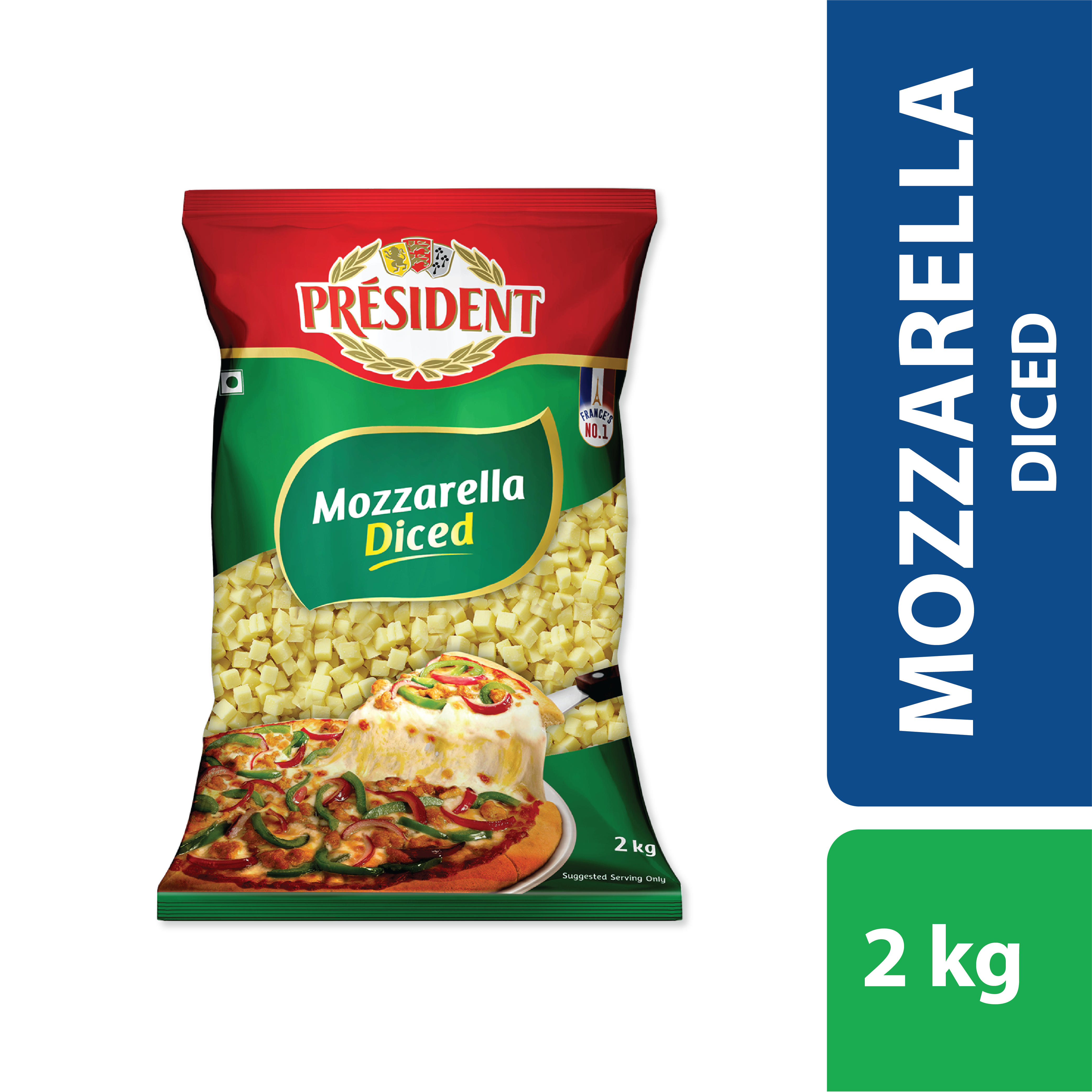 2 Kg Pack of President Shredded Mozzarella Cheese President Diced Mozzarella