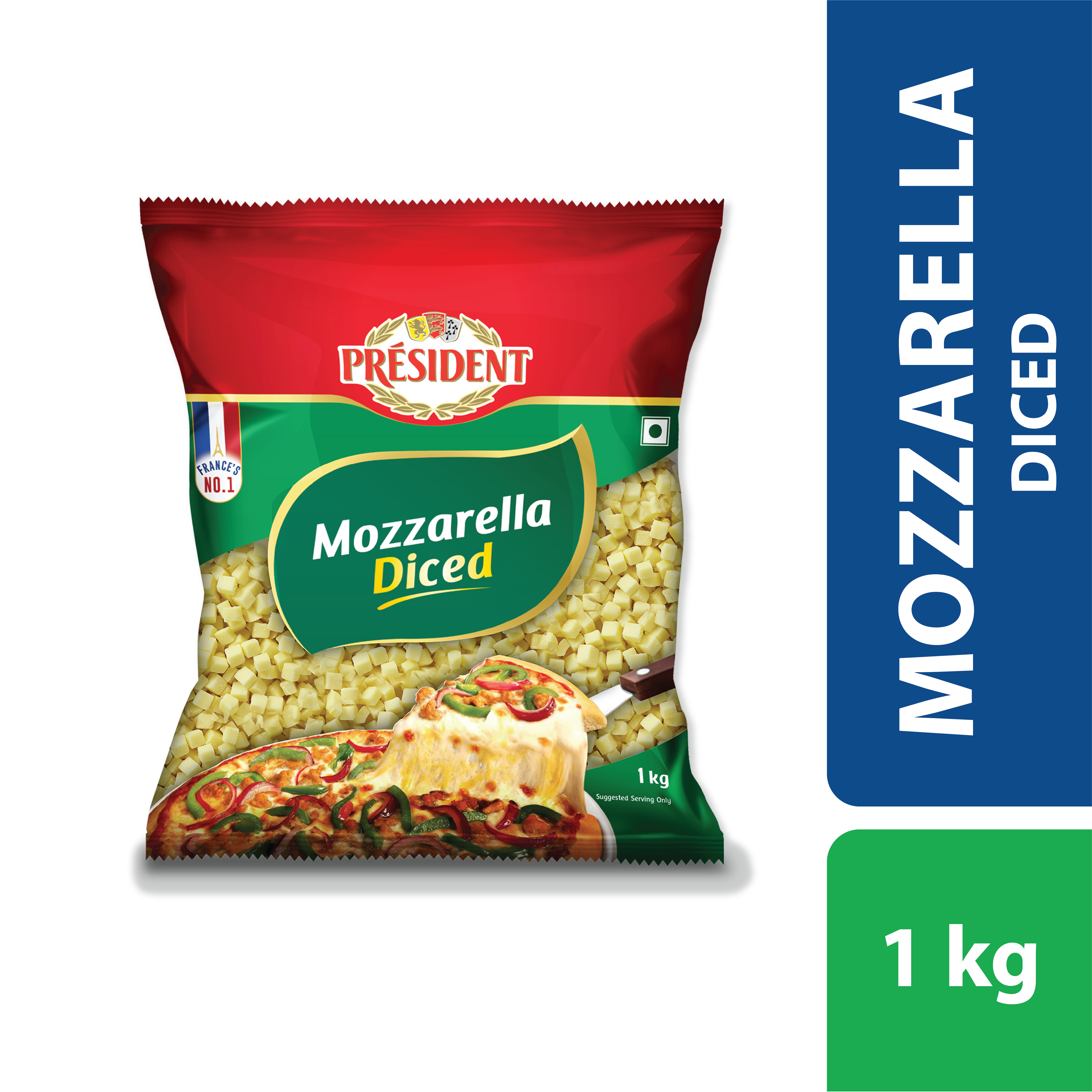 2 Kg Pack of President Shredded Mozzarella Cheese President Diced Mozzarella